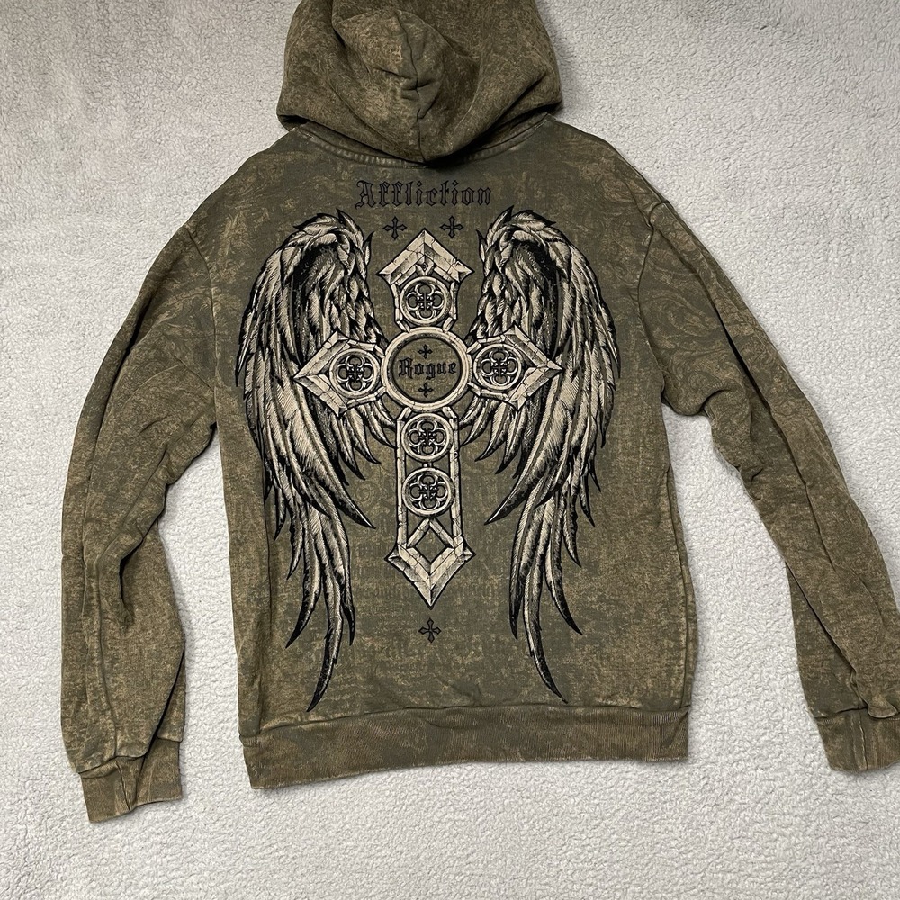 Affliction Rogue Full Zip Hoodie Men’s Small Brown Cross Wings Gothic Y2K